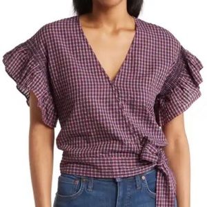 Madewell small wrap waist plaid tshirt w ruffle sleeves